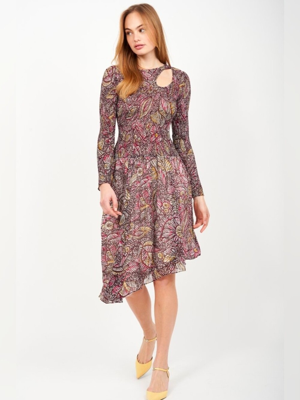 Joie LUDO Floral Long Sleeve Cutout Midi Dress